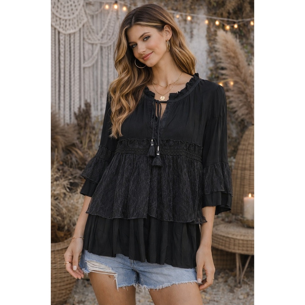 POL Boho Peasant Floral Lace Ruffle Hem Bell Sleeve Mini Dress